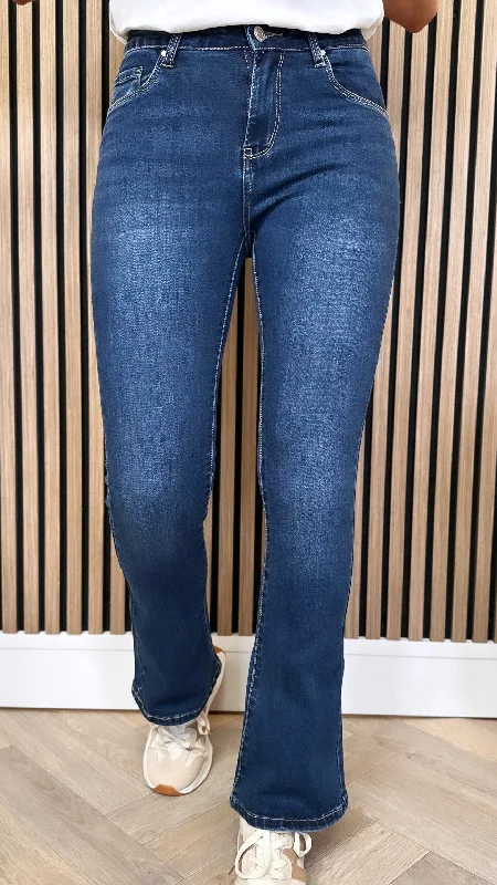 Stretch women jeans for enhanced mobility and comfortSaria Dark Blue Flared Bootcut Jeans