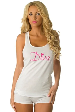 Plus Size Women's Puff - Sleeve Tank Tops in Pastel HuesWhite/Pink Diva Tank Top