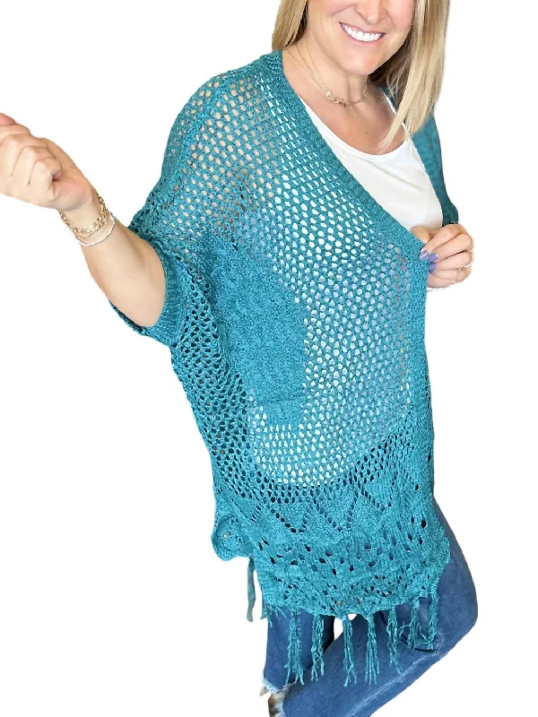 cable knit women cardigan with intricate patternsAmanda Crocheted Cardigan In Teal