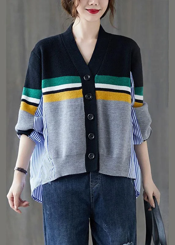 Women's Sequined Trimmed Sweater in Gold for a Glamorous Party LookBlack Patchwork Striped Button asymmetrical design Fall Knit Sweater