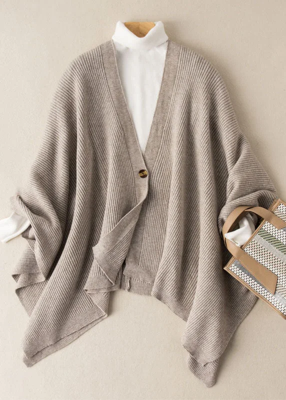 long length women cardigan with side slitsElegant Oatmeal V Neck Button Cotton Knit Sweaters Cardigans Batwing Sleeve