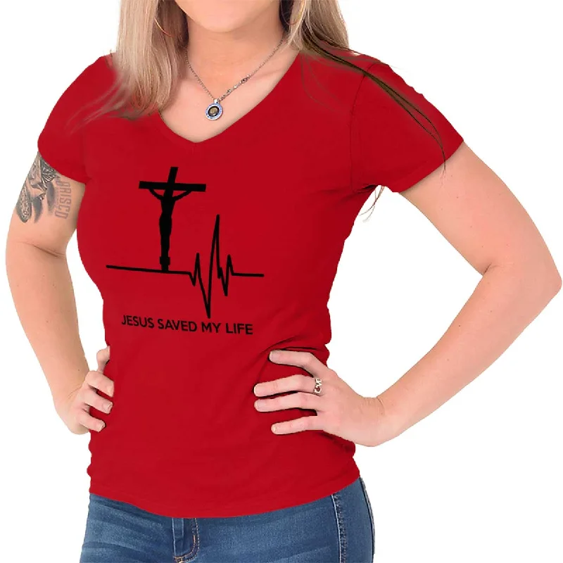 Striped Women T Shirt in a Classic PatternJesus Saved My Life Junior Fit V-Neck T-Shirt