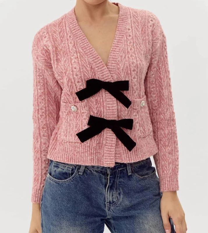 color block women cardigan with bold huesLauren Bow Front Jeweled Cardigan In Dried Rose