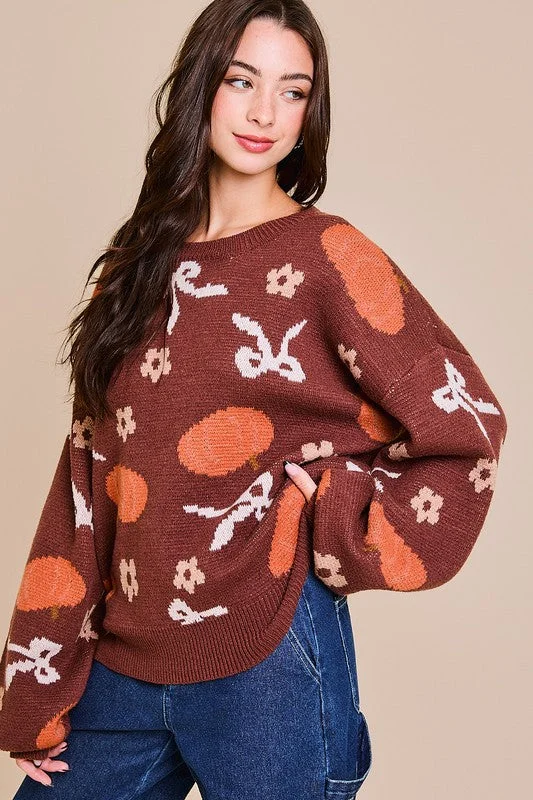 Women's Fair Isle Patterned Wool Sweater in Multicolor for a Traditional Holiday VibeLeaf Sweater-Brown