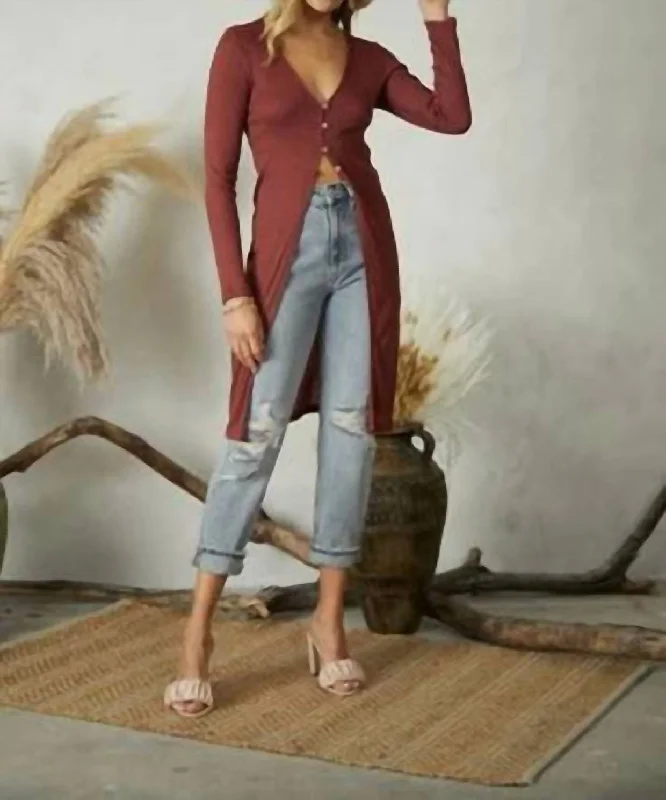 cropped women cardigan to pair with high - waisted jeansLong Sleeve Cardigan With Buttons In Marsala