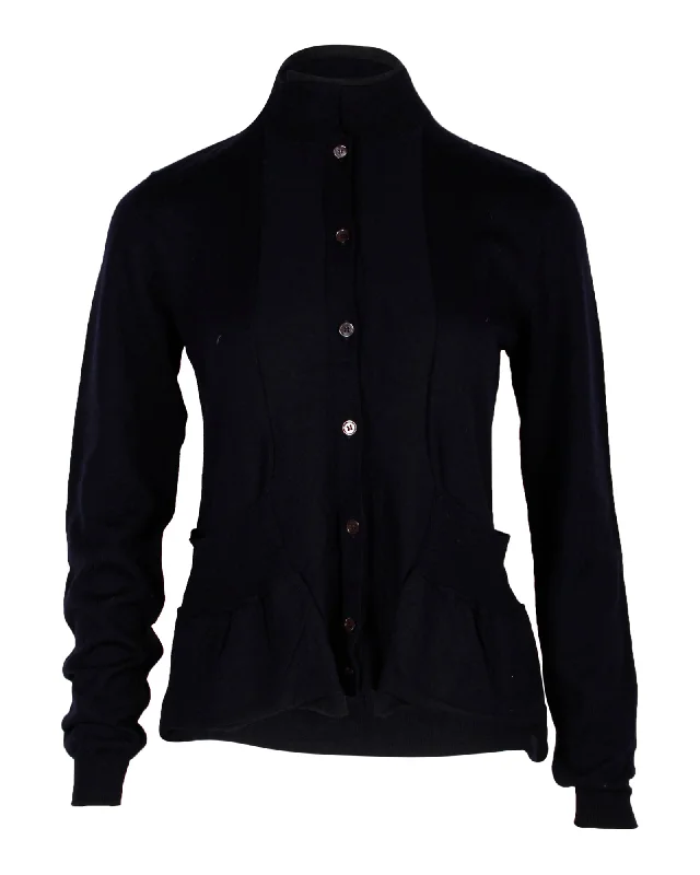 hooded women cardigan for added warmth and styleMarni Mock Neck Peplum Cardigan in Navy Wool