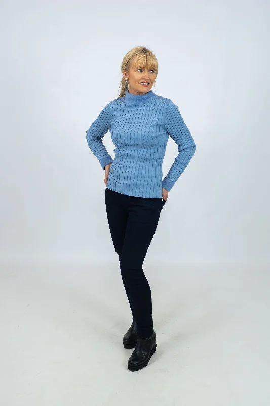 Plus Size Women's V - Neck Long - Sleeve Ribbed Cotton Sweater in Navy for a Classic StyleMd'M Blue Sweater