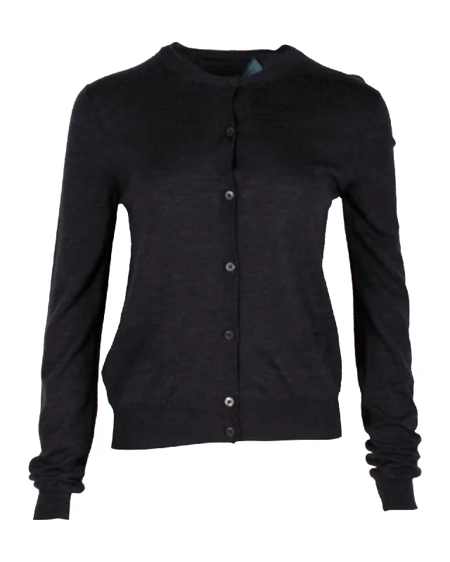 cropped women cardigan to pair with high - waisted jeansPrada Round-Neck Cardigan in Grey Wool