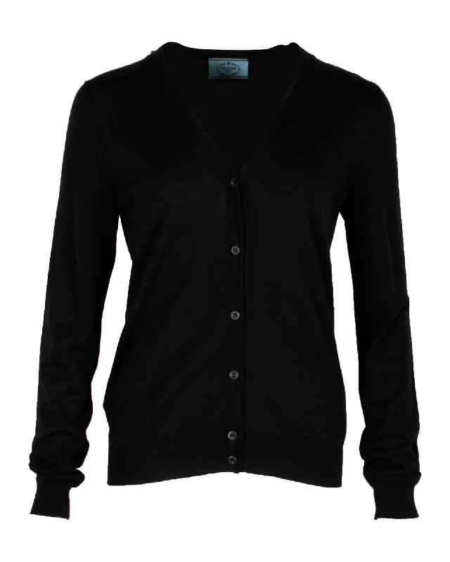 oversized women cardigan for a trendy and cozy lookPrada V-neck Cardigan in Black Wool