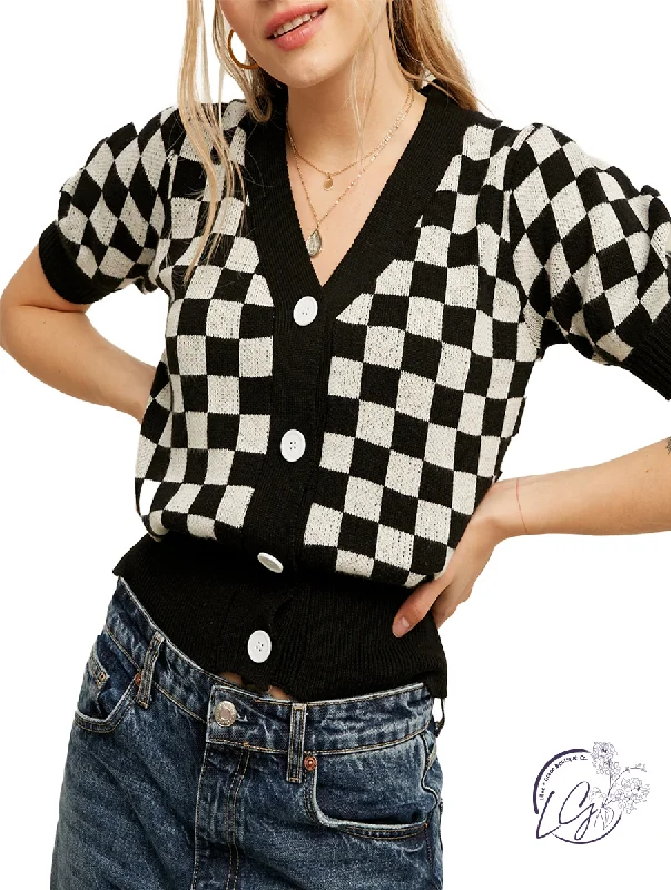 machine washable women cardigan for easy careRetro Checkered Gingham Cropped Cardigan