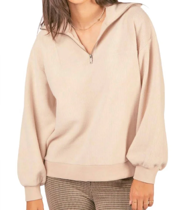 Women's Cropped Cable - Knit Merino Wool Sweater in Beige for a Trendy Fall OutfitRib Knit Quarter Zip Sweater In Cream