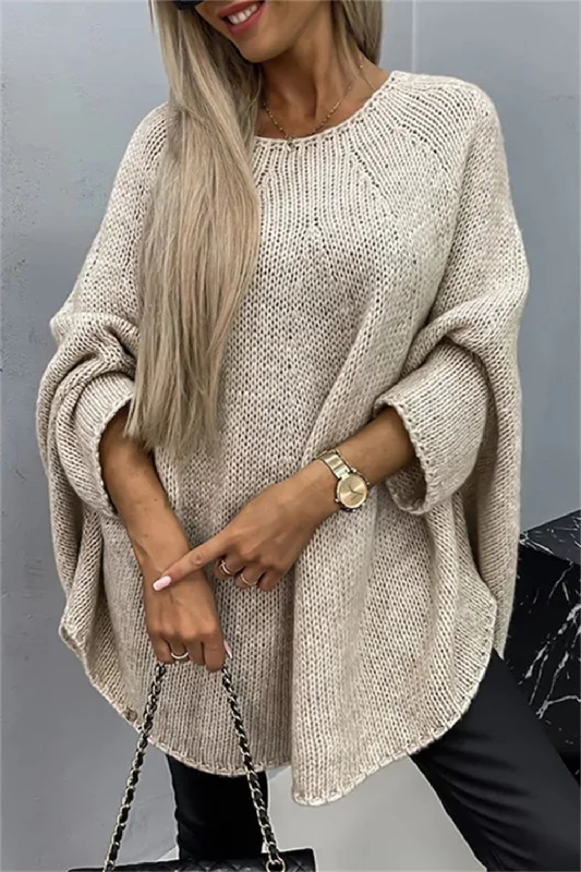 Women's Sheer Lace - Trimmed Sweater in Cream for a Delicate and Elegant AppearanceRound Neck Batwing Sleeve Sweater