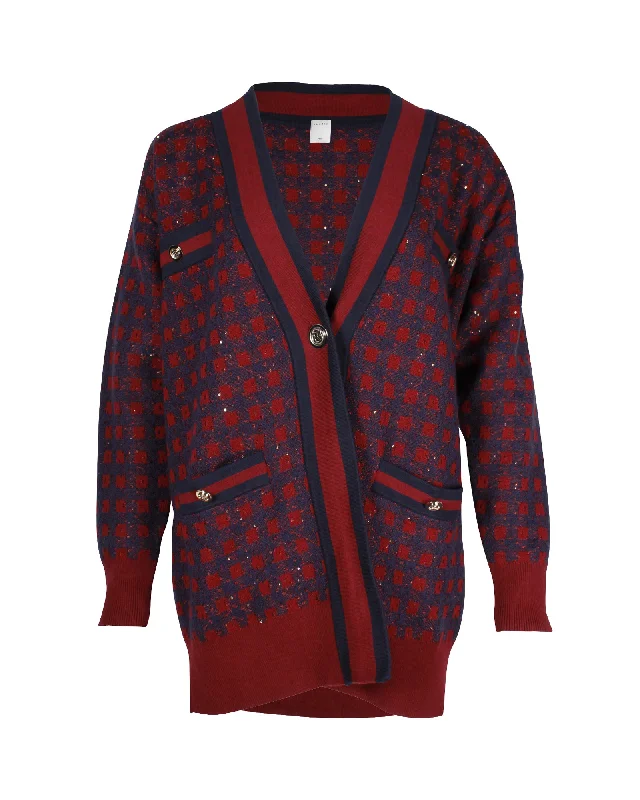 cable knit women cardigan with intricate patternsSandro Paris Margot Check Sequin Oversized Cardigan in Maroon and Navy Cotton Blend