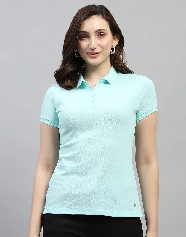 Long Sleeve Women T Shirt for Cooler WeatherWomen Aqua Blue Solid Polo Collar Half Sleeve T Shirt