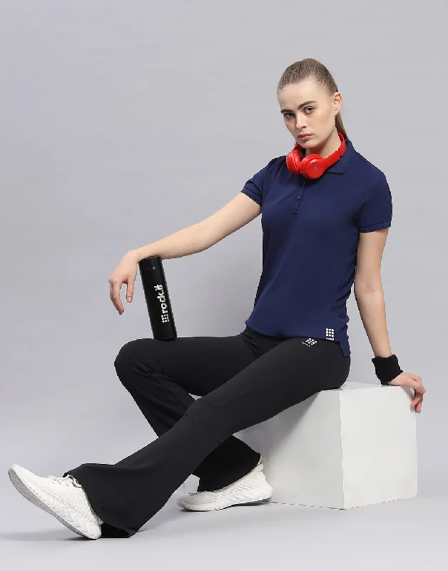 Embroidered Women T Shirt with Intricate DetailsWomen Navy Blue Solid Polo Collar Half Sleeve T-Shirt