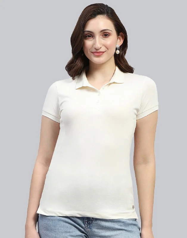 Long Sleeve Women T Shirt for Cooler WeatherWomen Off White Solid Polo Collar Half Sleeve T Shirt