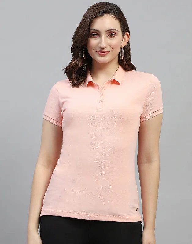 Long Sleeve Women T Shirt for Cooler WeatherWomen Peach Solid Polo Collar Half Sleeve T Shirt