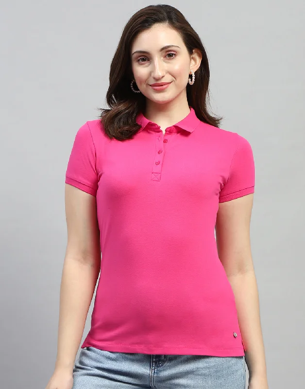 Ringer T Shirt Women with Retro - Inspired StripesWomen Pink Solid Polo Collar Half Sleeve T Shirt