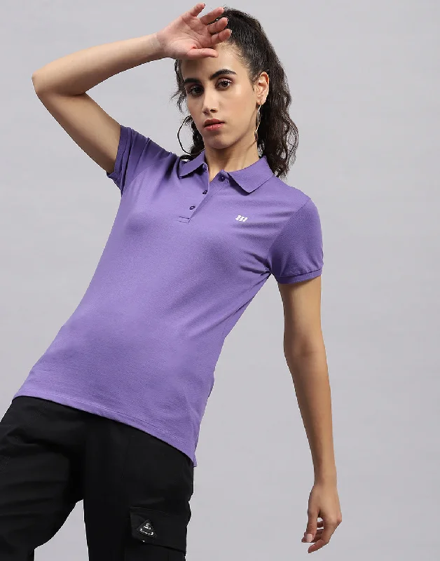 Puff Sleeve Women T Shirt for a Fashion - Forward LookWomen Purple Solid Polo Collar Half Sleeve T Shirt