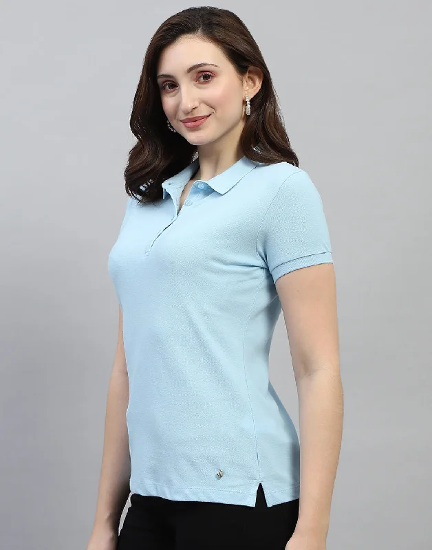 Long Sleeve Women T Shirt for Cooler WeatherWomen Sky Blue Solid Polo Collar Half Sleeve T Shirt