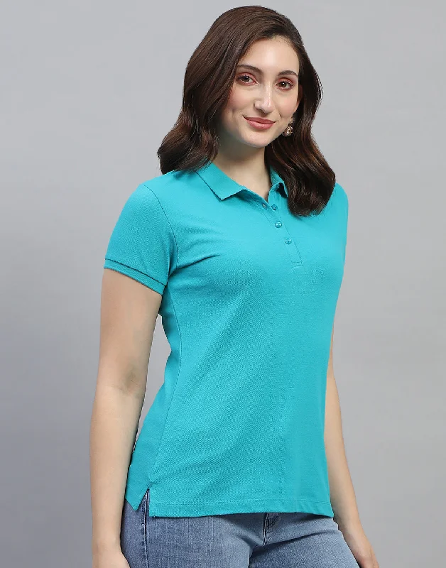 Plus Size Women T Shirt for a Comfortable and Flattering FitWomen Turquoise Blue Solid Collar Neck Half Sleeve T Shirt