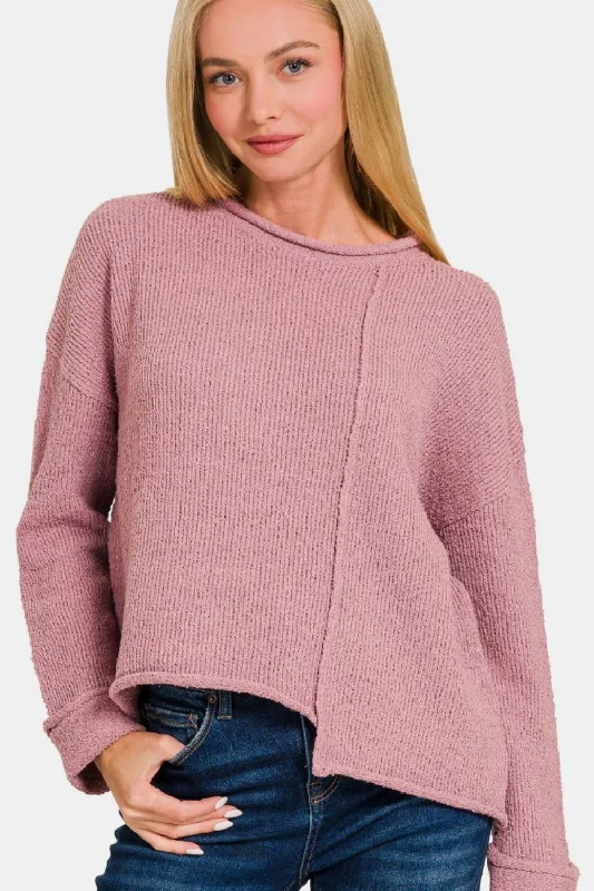 Women's Longline Boyfriend - Style Sweater in Gray for a Relaxed and Casual OutfitZenana Asymmetric Hem Drop Shoulder Sweater