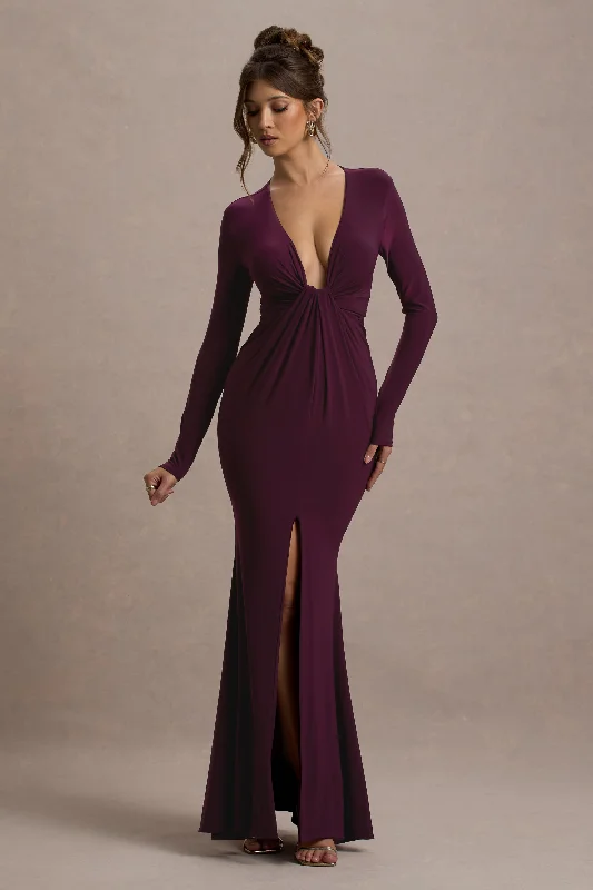 Sheath Women Dress with a Tailored Fit for a Professional LookAluna | Plum Plunge-Neck Twisted Split Maxi Dress