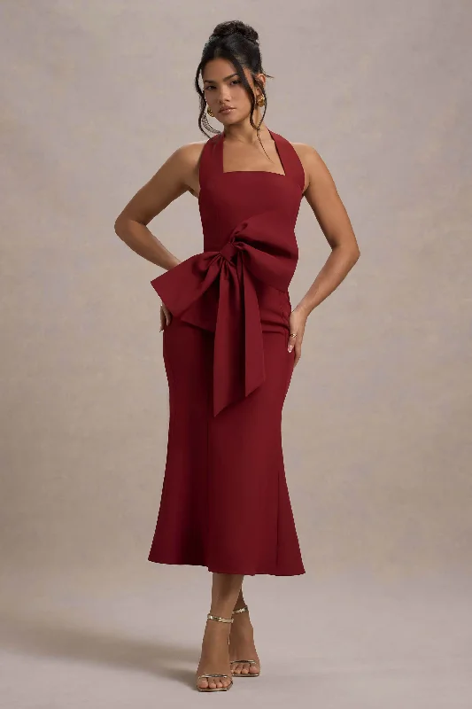 Empire Waist Women Dress to Accentuate the Bust and Conceal the WaistAman | Berry Halter-Neck Midi Dress With Oversized Bow