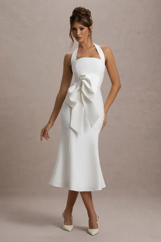 Mermaid - Style Women Dress with a Fitted Silhouette for Special OccasionsAman | White Halter-Neck Midi Dress With Oversized Bow