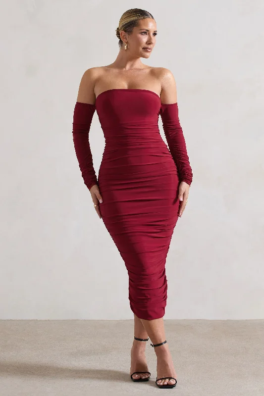 Strapless Women Dress with a Built - in Bra for Comfort and SupportAnissa | Berry Ruched Bardot Midi Dress