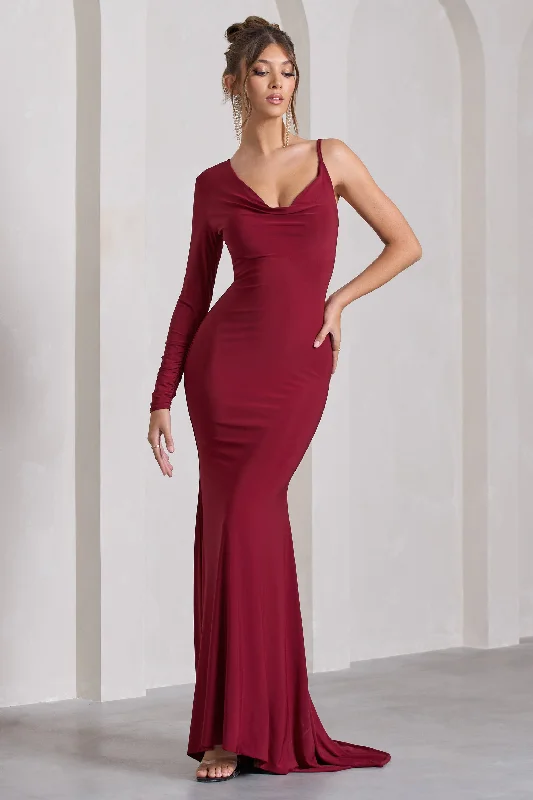 Halter Neck Women Dress to Show Off the Shoulders and NecklineAt Dusk | Berry Red One-Sleeved Cowl-Neck Fishtail Maxi Dress