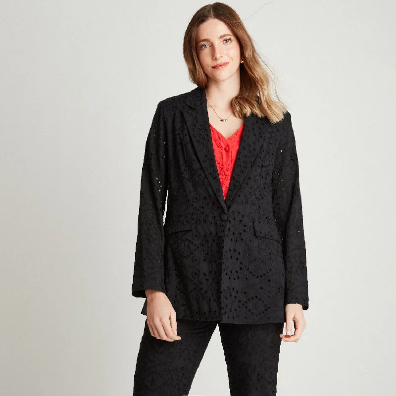 Women's Notched Lapel Blazers in Beige for a Timeless OutfitBlazer Negro De Broderie Cuello Solapa