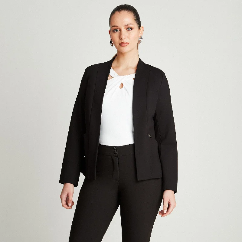 Plus Size Women's Faux Fur - Trimmed Blazers in Black for a Luxurious LookBlazer Negro Manga Larga Cuello Solapa