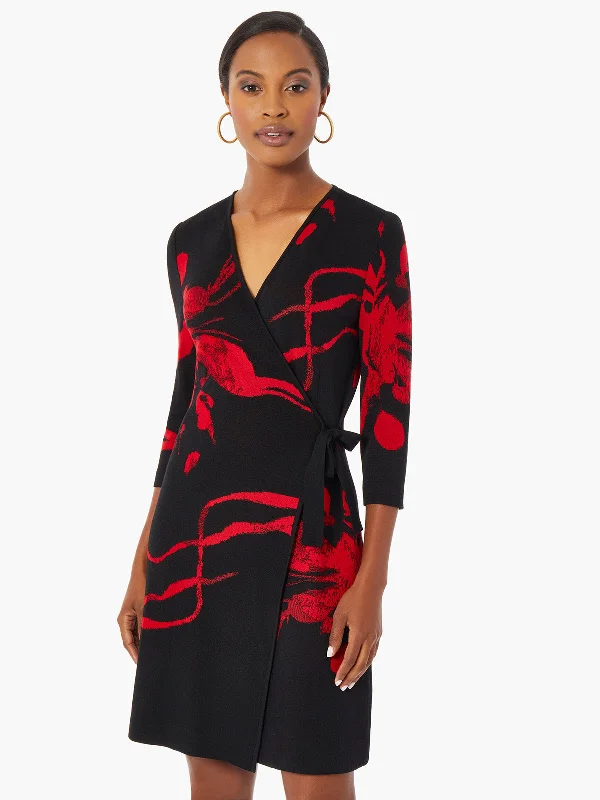 Wrap - Style Women Dress with Adjustable Fit for All Body TypesBrushstroke Pattern Knit Faux Wrap Dress