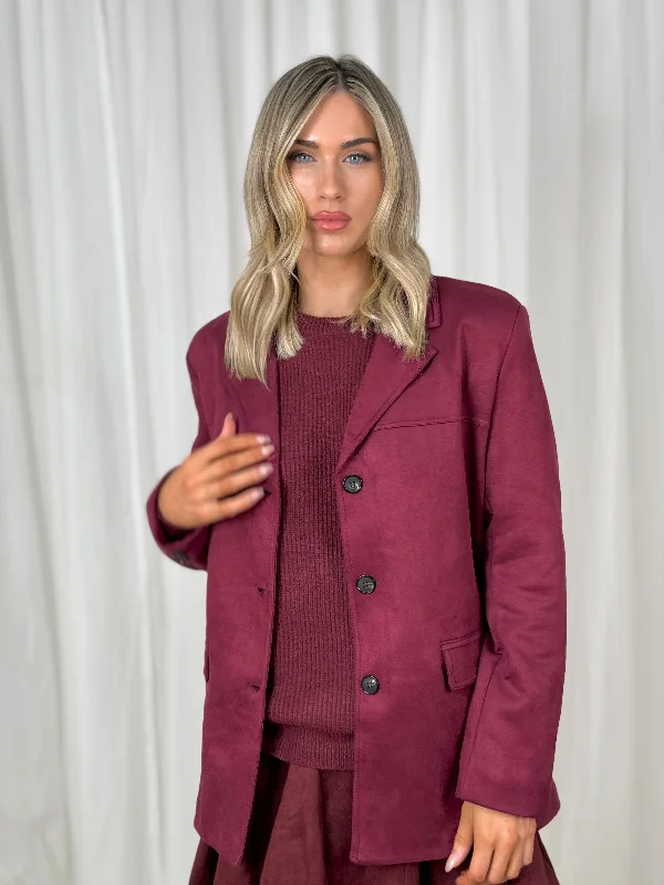 Oversized Women's Printed Blazers in Animal Patterns for a Statement PieceCaitlyn Triple Button Faux Suede Blazer In Wine