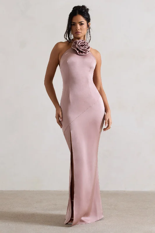 Off - the - Shoulder Women Dress for a Romantic and Feminine LookCesca | Blush Pink Satin Halter-Neck Maxi Dress With Flower Corsage