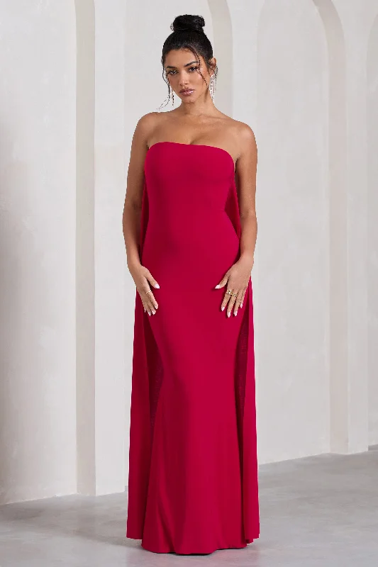 Sheath Women Dress with a Tailored Fit for a Professional LookChristina | Red Bandeau Sleeveless Maxi Dress With Cape