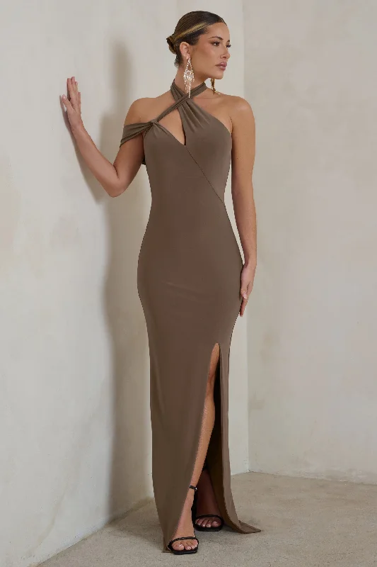 Mini Women Dress with a Short Hem for a Young and Trendy StyleClementine | Mocha Asymmetric Neckline Maxi Dress With Thigh Split