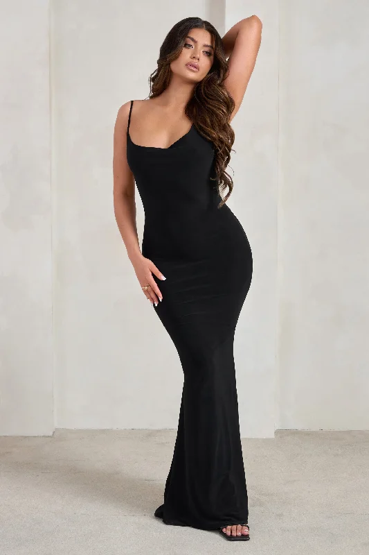 Ball Gown Women Dress with a Full Skirt for a Princess - like LookCorinne | Black Asymmetric Cowl Neck Backless Maxi Dress