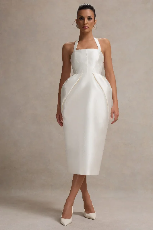 Backless Women Dress for a Sexy and Alluring Look at Evening EventsCosetta | White Halter-Neck Midi Dress With Tulip Skirt