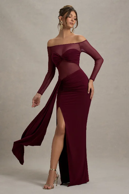 Sleeveless Women Dress in Bright Colors for Summer PartiesCover Star | Burgundy Mesh Bardot Long-Sleeve Draped Maxi Dress