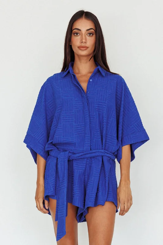 Off - the - Shoulder Women Dress for a Romantic and Feminine LookDaytona Beach Button-Up Romper Textured Blue