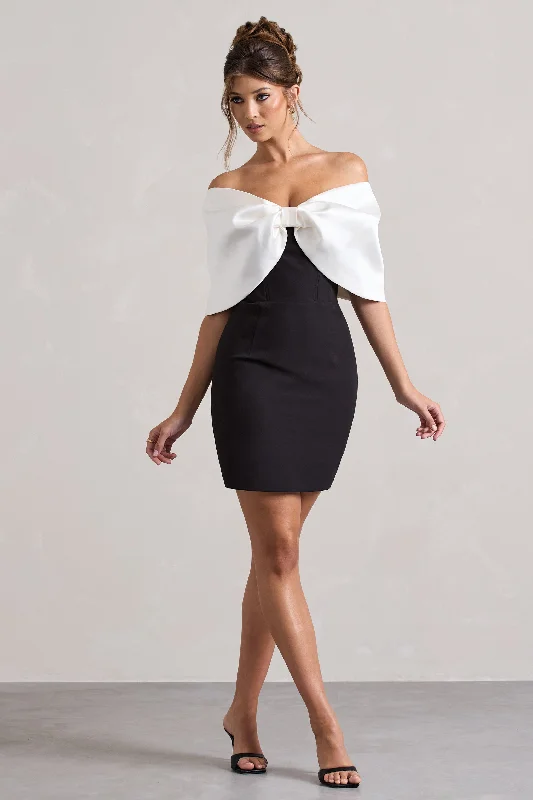 Sheath Women Dress with a Tailored Fit for a Professional LookDewdrop | Black & White Mini Dress With Oversized Bow