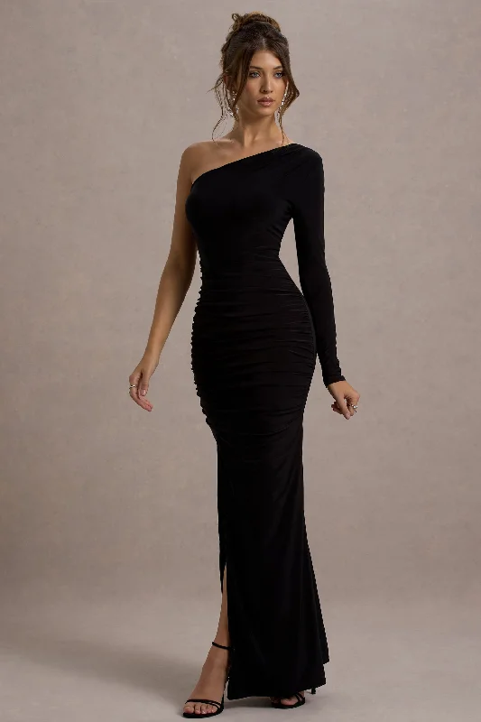 Pleated Women Dress with a Timeless and Elegant TextureDoll | Black Asymmetric One Sleeve Ruched Maxi Dress