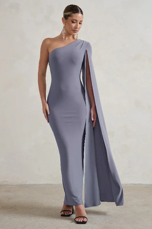 Shift Women Dress with a Simple and Classic Design for Everyday WearDominique | Grey One Shoulder Cape Sleeve Bodycon Maxi Dress