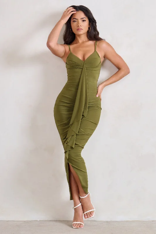 Mermaid - Style Women Dress with a Fitted Silhouette for Special OccasionsDorothy | Olive Green Plunge V Neckline Ruffle Midi Dress