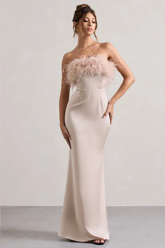 Empire Waist Women Dress to Accentuate the Bust and Conceal the WaistDress For It | Champagne Satin Strapless Feather Trim Maxi Dress