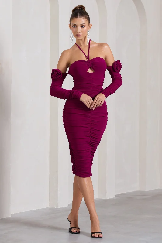 Empire Waist Women Dress to Accentuate the Bust and Conceal the WaistExtra Special | Dark Cherry Ruched Halter-Neck Midi Dress With Flowers