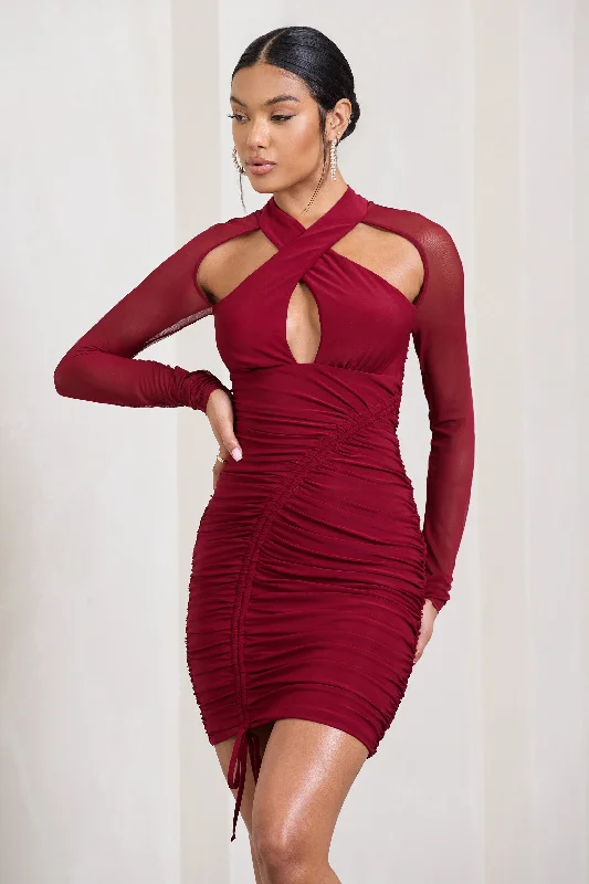 Backless Women Dress for a Sexy and Alluring Look at Evening EventsEyes On You | Berry Long Sleeve Halter Neck Mini Dress