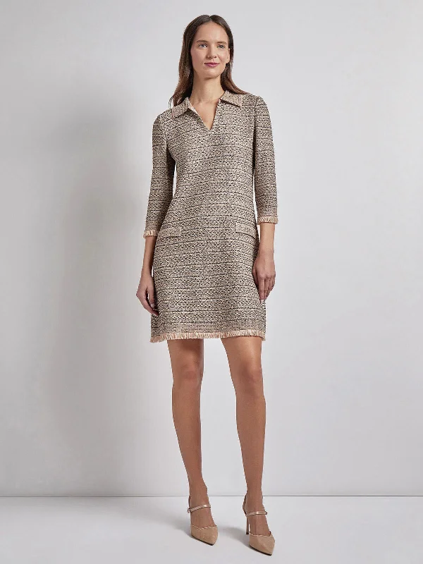 Pleated Women Dress with a Timeless and Elegant TextureFringe Trim Intarsia Knit Shift Dress